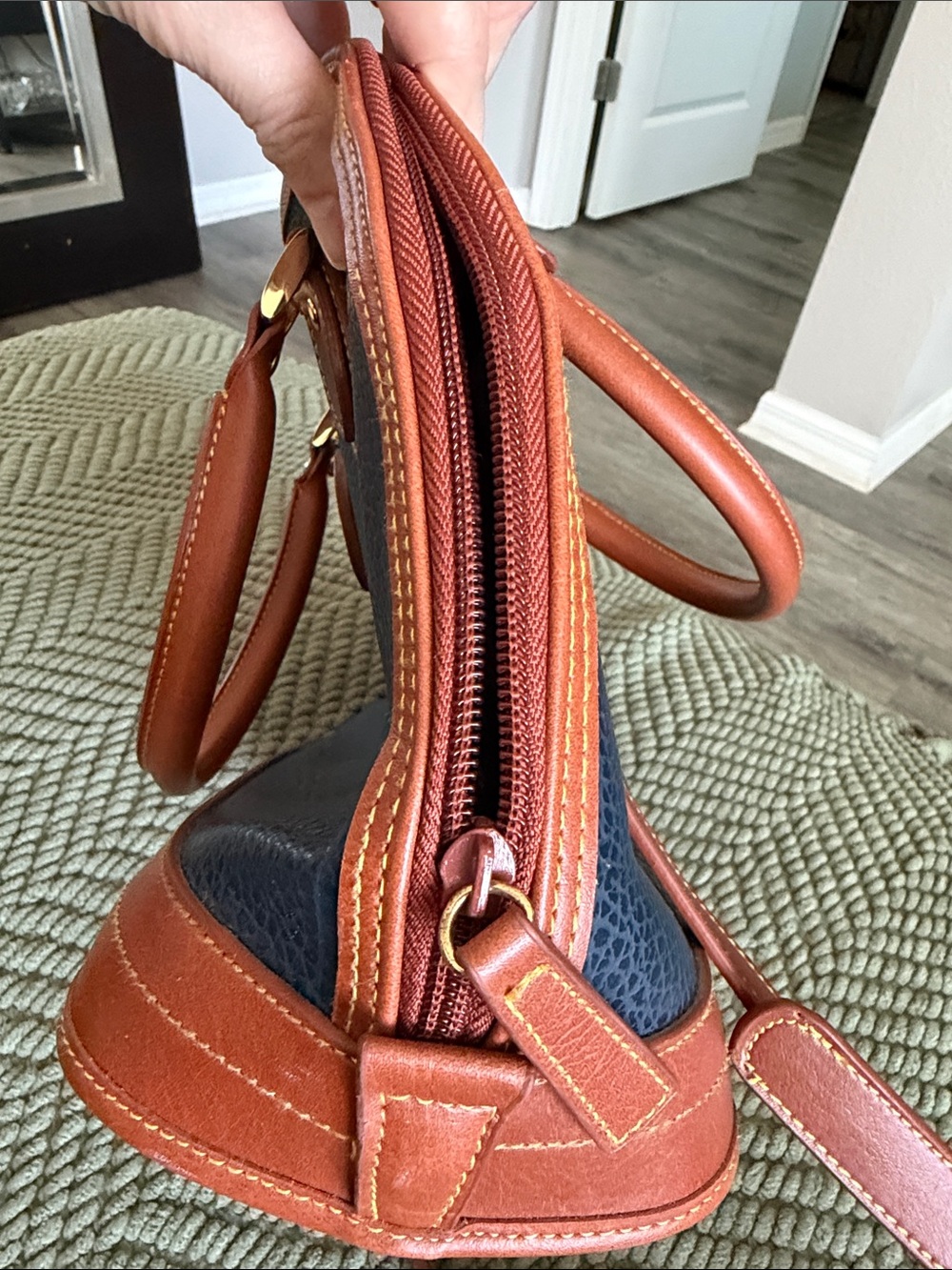 Dooney & Bourke Navy and Brown Pebbled Leather Satchel - Picture 8 of 10